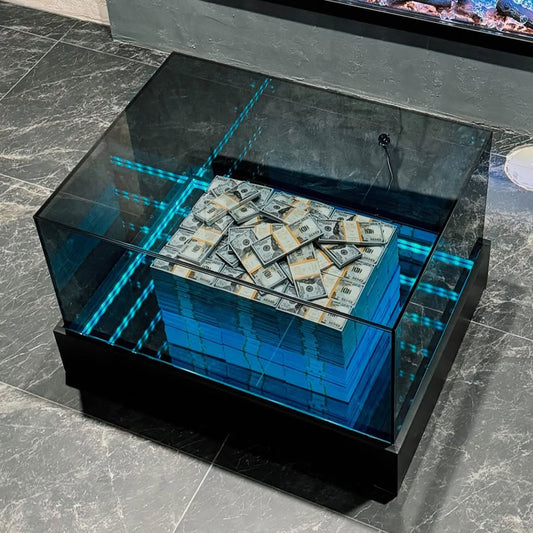 'Vault' дизайнерска стъклена маса с безкрайно дъно и LED осветление